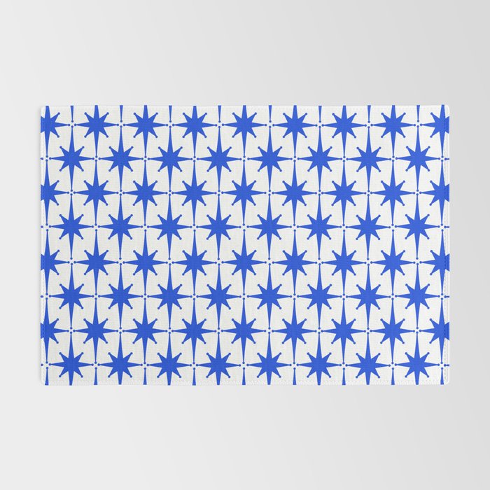 Mid Century Modern Atomic Age Starburst Stars Pattern Royal Blue and White Rug Gallery Image 2