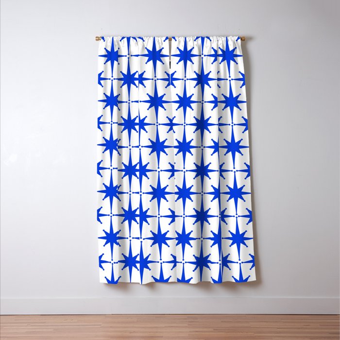 Mid Century Modern Atomic Age Starburst Stars Pattern Royal Blue and White Window Curtain Gallery Image 3