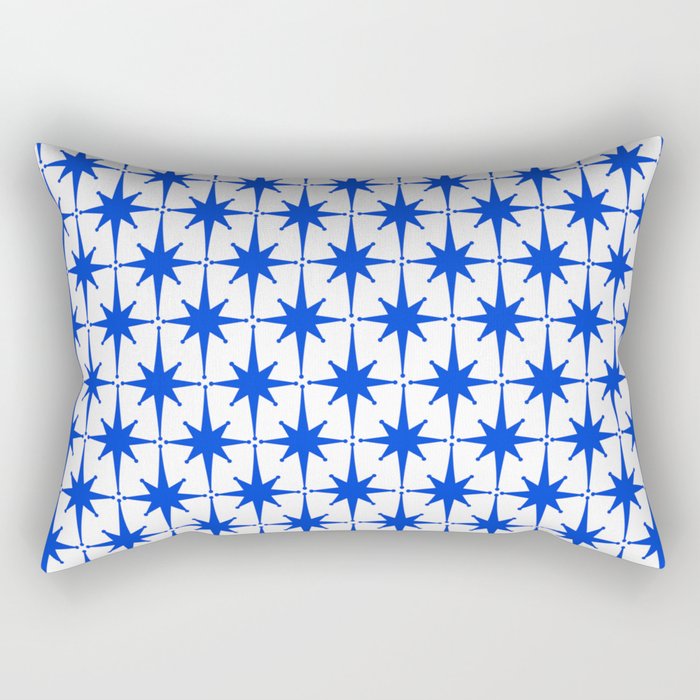 Mid Century Modern Atomic Age Starburst Stars Pattern Royal Blue and White Rectangular Pillow Gallery Image 2