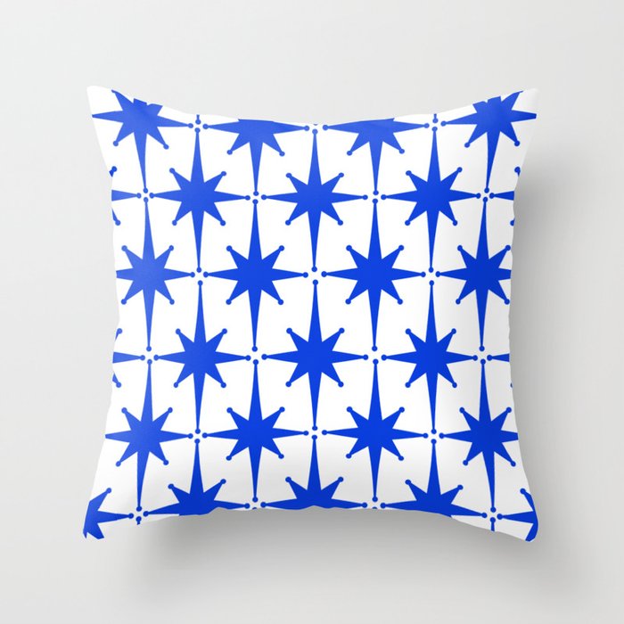 Mid Century Modern Atomic Age Starburst Stars Pattern Royal Blue and White Throw Pillow Gallery Image 1