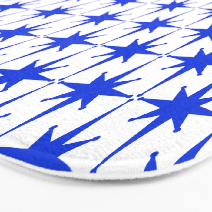 Mid Century Modern Atomic Age Starburst Stars Pattern Royal Blue and White Bath Mat Gallery Image 3
