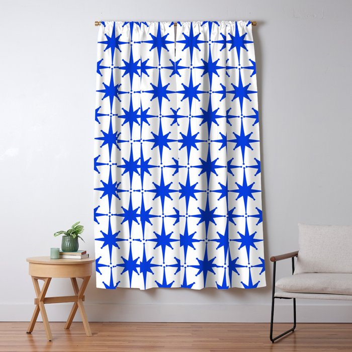 Mid Century Modern Atomic Age Starburst Stars Pattern Royal Blue and White Window Curtain Gallery Image 5