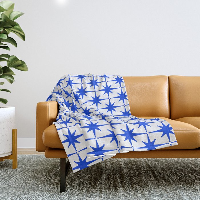 Mid Century Modern Atomic Age Starburst Stars Pattern Royal Blue and White Throw Blanket Gallery Image 1