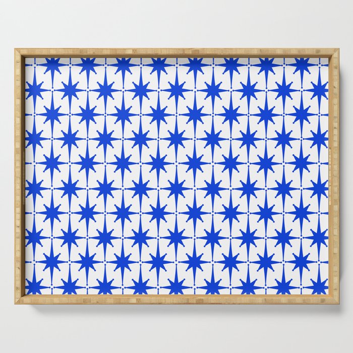 Mid Century Modern Atomic Age Starburst Stars Pattern Royal Blue and White Serving Tray Gallery Image 1