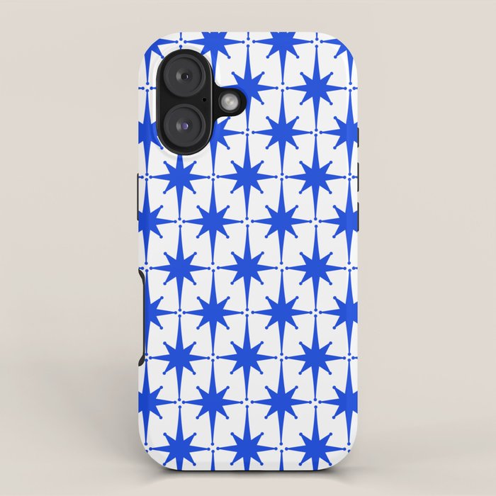 Mid Century Modern Atomic Age Starburst Stars Pattern Royal Blue and White iPhone Case Gallery Image 1