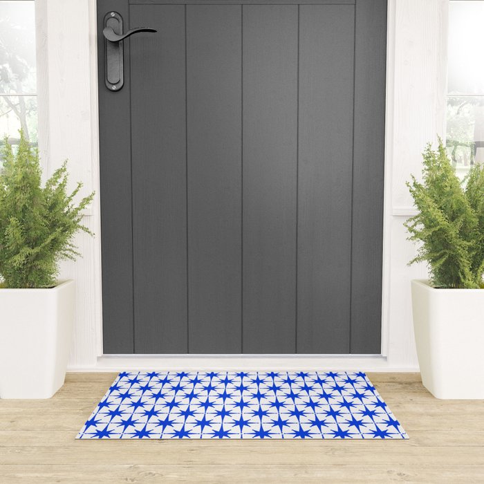Mid Century Modern Atomic Age Starburst Stars Pattern Royal Blue and White Welcome Mat Gallery Image 3