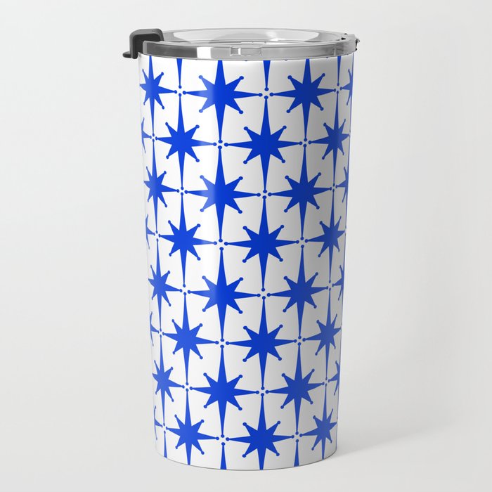 Mid Century Modern Atomic Age Starburst Stars Pattern Royal Blue and White Travel Mug Gallery Image 3