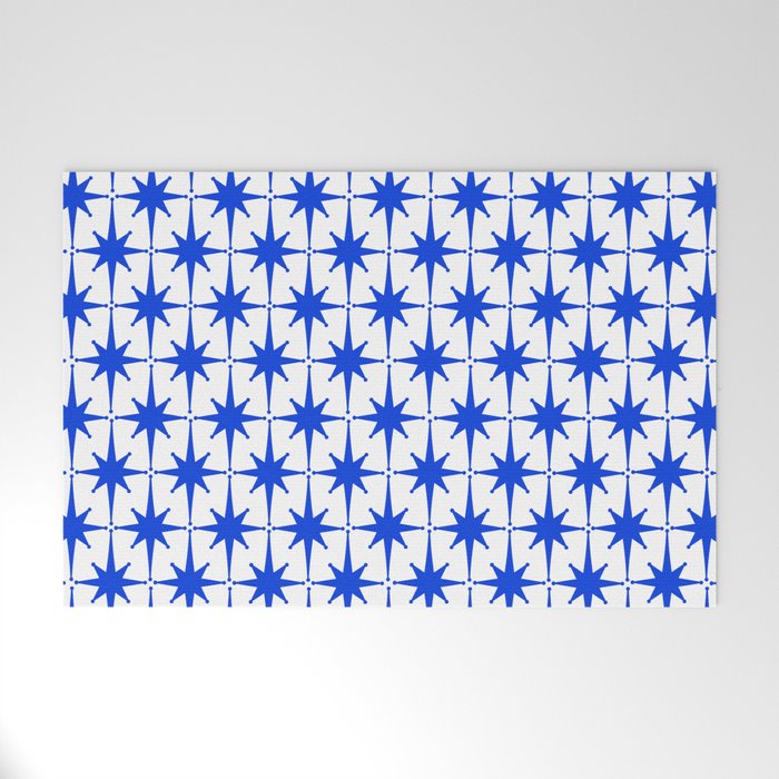 Mid Century Modern Atomic Age Starburst Stars Pattern Royal Blue and White Welcome Mat Gallery Image 1
