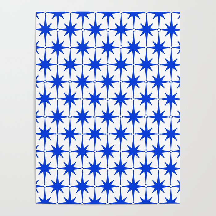 Mid Century Modern Atomic Age Starburst Stars Pattern Royal Blue and White Poster Gallery Image 4