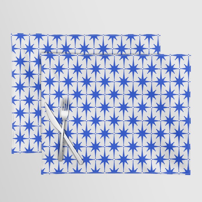 Mid Century Modern Atomic Age Starburst Stars Pattern Royal Blue and White Placemat Gallery Image 1