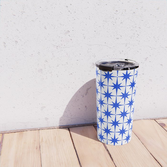 Mid Century Modern Atomic Age Starburst Stars Pattern Royal Blue and White Travel Mug Gallery Image 4