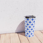 Mid Century Modern Atomic Age Starburst Stars Pattern Royal Blue and White Travel Mug Gallery Image 4