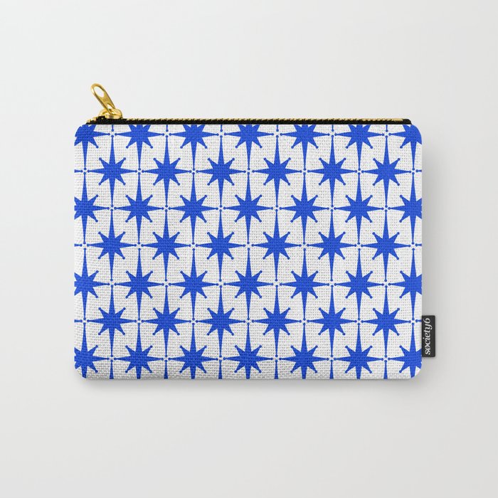 Mid Century Modern Atomic Age Starburst Stars Pattern Royal Blue and White Carry All Pouch Gallery Image 1