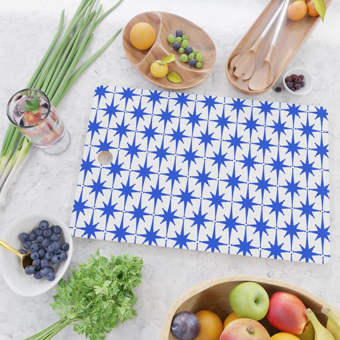 Mid Century Modern Atomic Age Starburst Stars Pattern Royal Blue and White Cutting Board Gallery Image 2