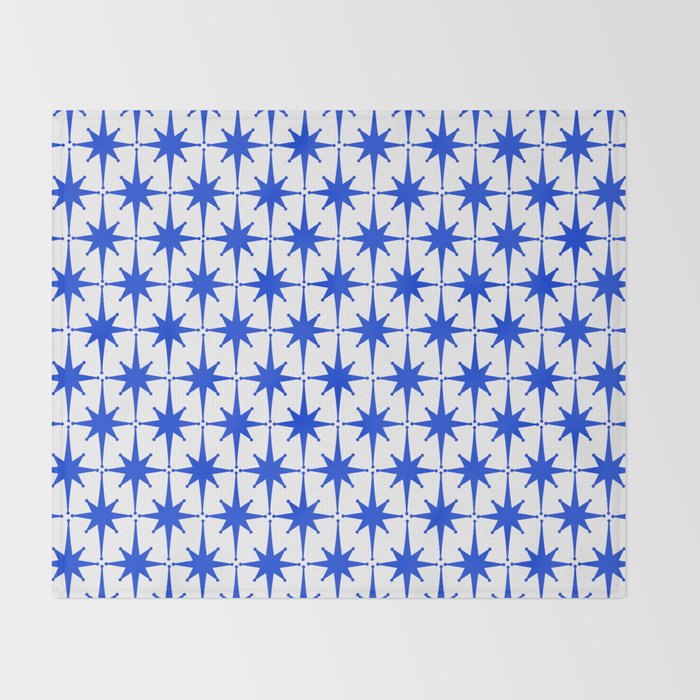 Mid Century Modern Atomic Age Starburst Stars Pattern Royal Blue and White Throw Blanket Gallery Image 2