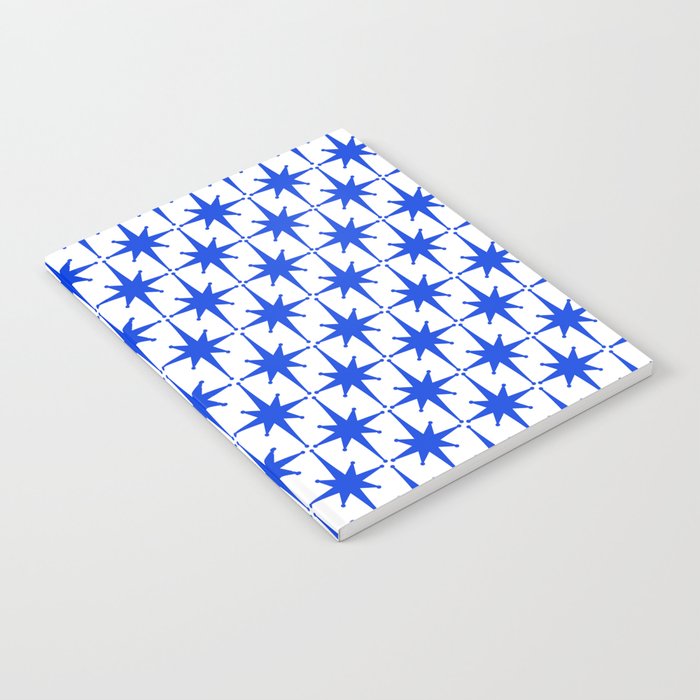 Mid Century Modern Atomic Age Starburst Stars Pattern Royal Blue and White Notebook Gallery Image 2