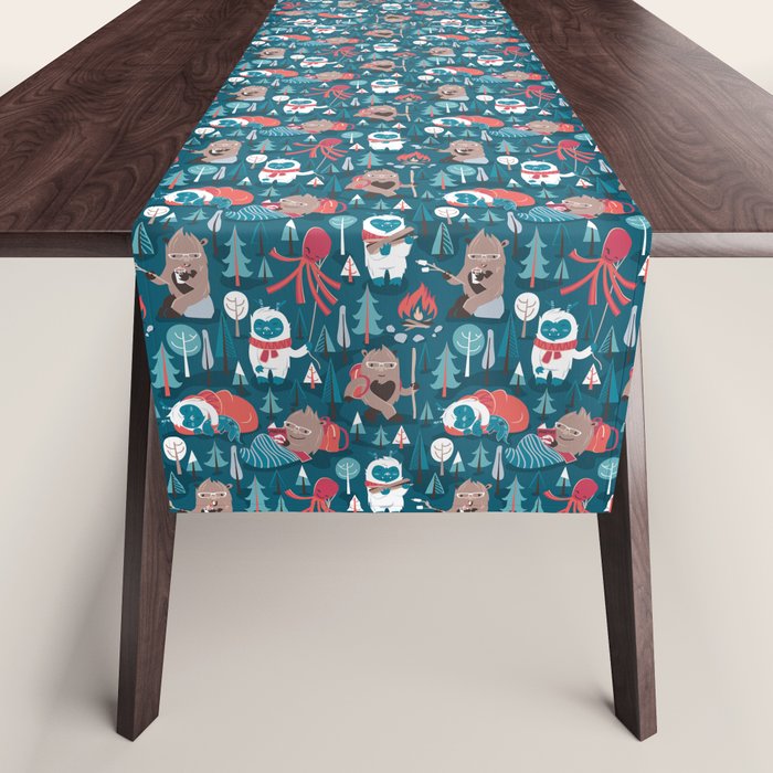 Besties // blue background white Yeti brown Bigfoot blue pine trees red and coral details Table Runner Gallery Image 1