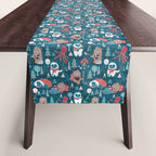 Besties // blue background white Yeti brown Bigfoot blue pine trees red and coral details Table Runner Gallery Image 1