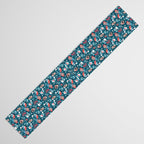 Besties // blue background white Yeti brown Bigfoot blue pine trees red and coral details Table Runner Gallery Image 3