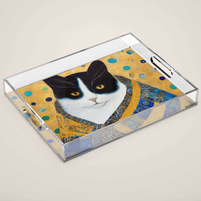 Klimt Tuxedo Cat with Golden Eyes Acrylic Tray Gallery Image 1