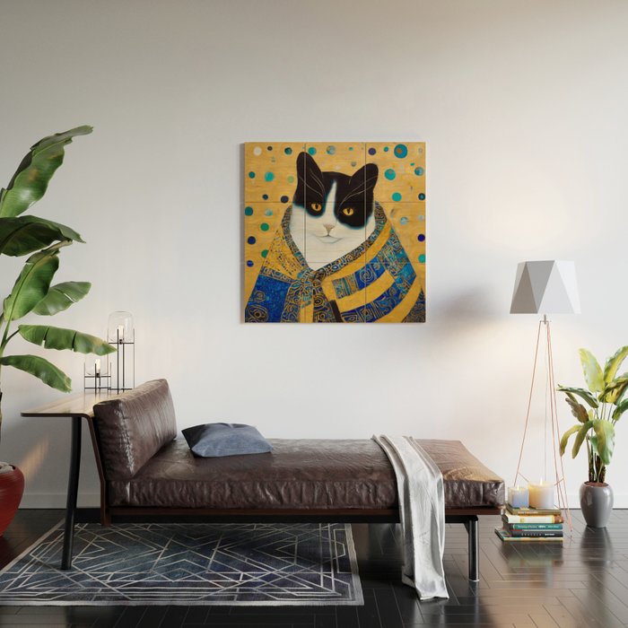 Klimt Tuxedo Cat with Golden Eyes Wood Wall Art Gallery Image 2