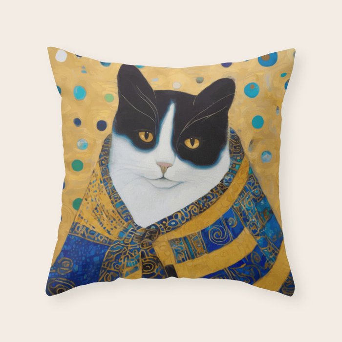 Klimt Tuxedo Cat with Golden Eyes Throw Pillow Gallery Image 1