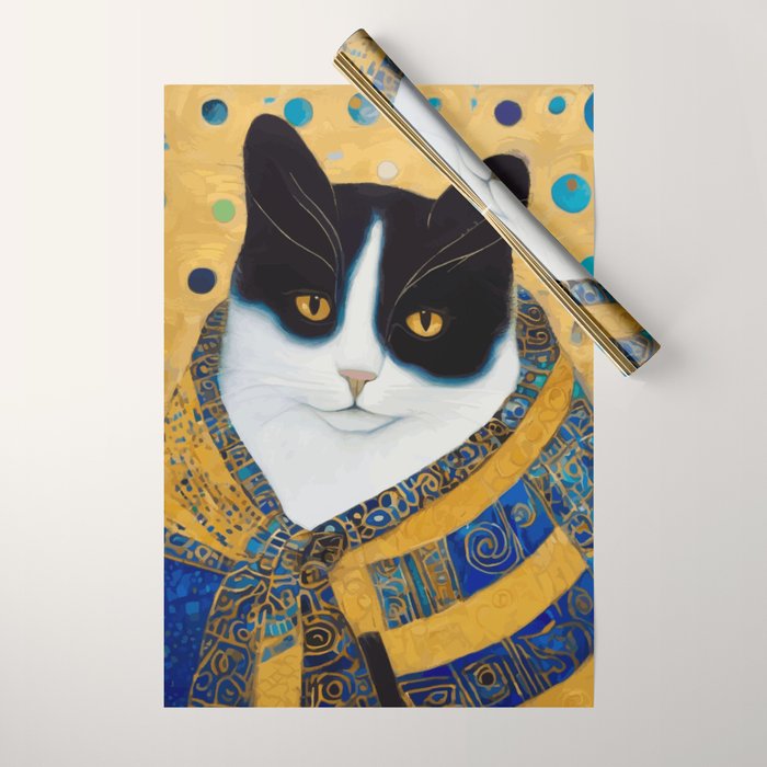 Klimt Tuxedo Cat with Golden Eyes Wrapping Paper Gallery Image 1