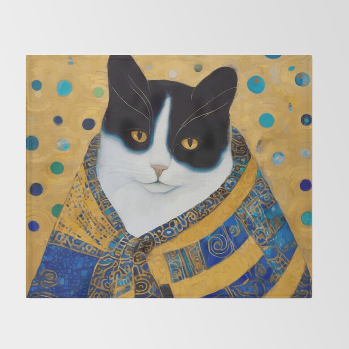 Klimt Tuxedo Cat with Golden Eyes Throw Blanket Gallery Image 2