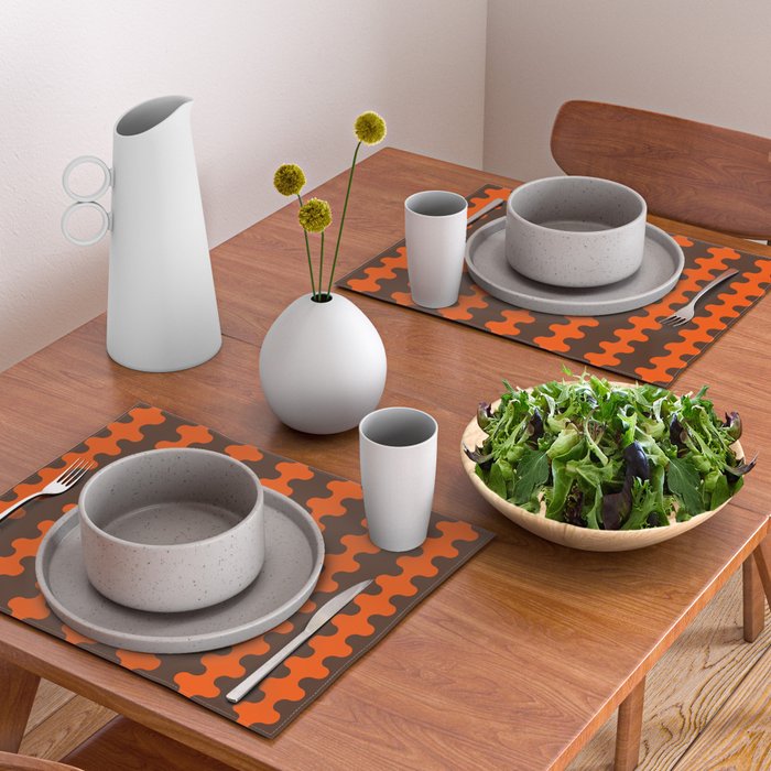 Retro Ogee A-Go-Go Vertical Stripes Pop Pattern in 70s Orange and Dark Brown Placemat Gallery Image 2