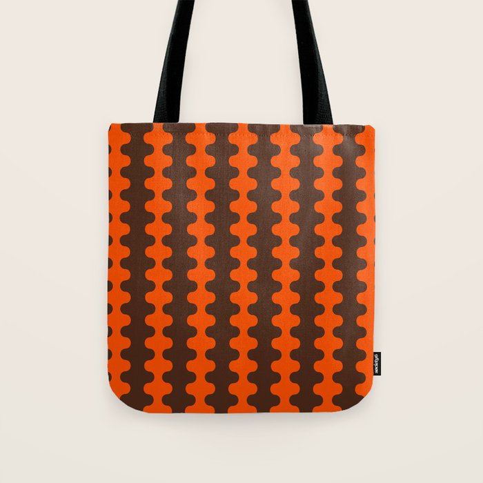 Retro Ogee A-Go-Go Vertical Stripes Pop Pattern in 70s Orange and Dark Brown Tote Bag Gallery Image 1