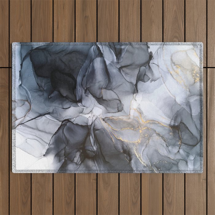 Calm but Dramatic Light Monochromatic Black & Grey Abstract Outdoor Rug Gallery Image 1
