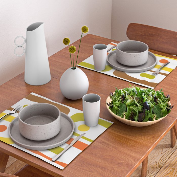 Long Piquet Mid Century Modern Pattern Retro Orange Avocado Brown White  Placemat Gallery Image 2