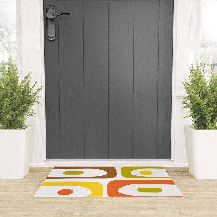 Long Piquet Mid Century Modern Pattern Retro Orange Avocado Brown White  Welcome Mat Gallery Image 3