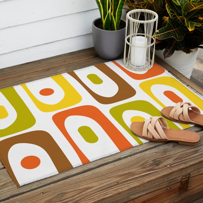 Long Piquet Mid Century Modern Pattern Retro Orange Avocado Brown White  Outdoor Rug Gallery Image 2