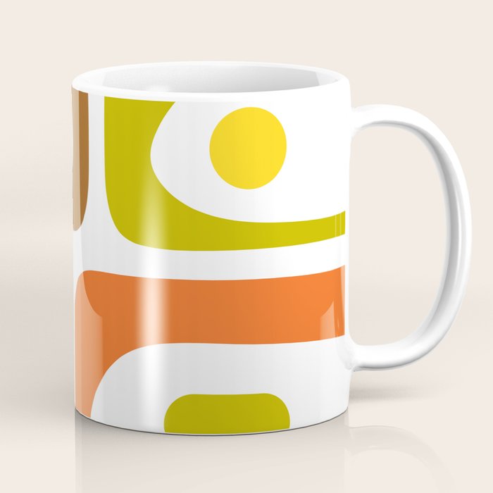 Long Piquet Mid Century Modern Pattern Retro Orange Avocado Brown White  Coffee Mug Gallery Image 1