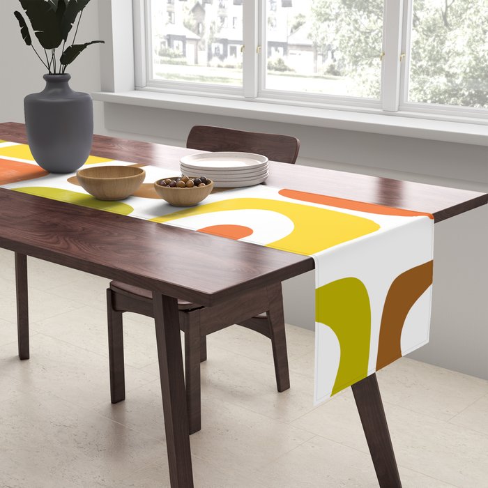Long Piquet Mid Century Modern Pattern Retro Orange Avocado Brown White  Table Runner Gallery Image 2