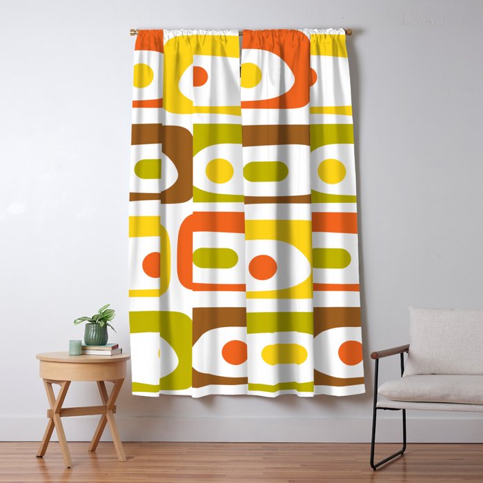 Long Piquet Mid Century Modern Pattern Retro Orange Avocado Brown White  Window Curtain Gallery Image 5