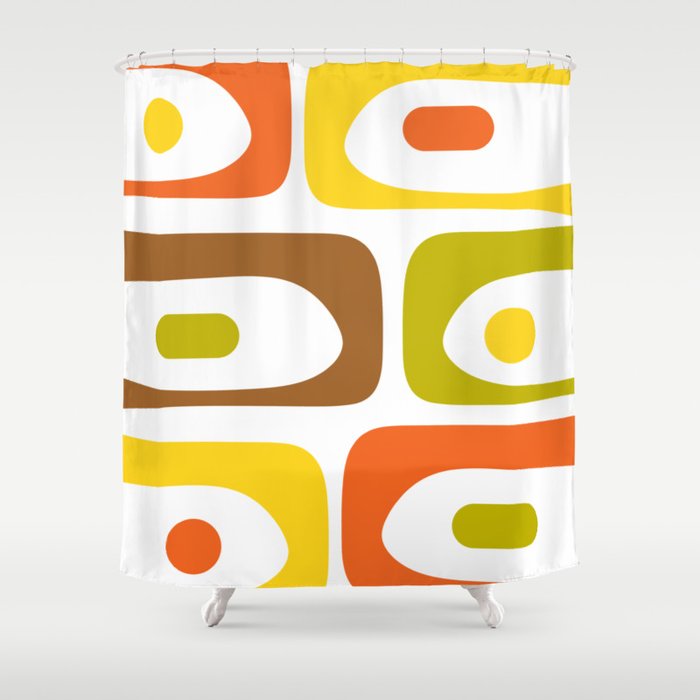 Long Piquet Mid Century Modern Pattern Retro Orange Avocado Brown White  Shower Curtain Gallery Image 1