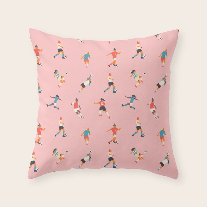 Diverse all women soccer player team drawing print Throw Pillow Gallery Image 6