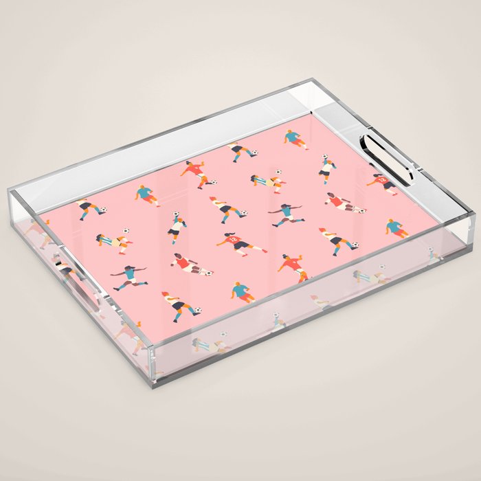 Diverse all women soccer player team drawing print Acrylic Tray Gallery Image 1