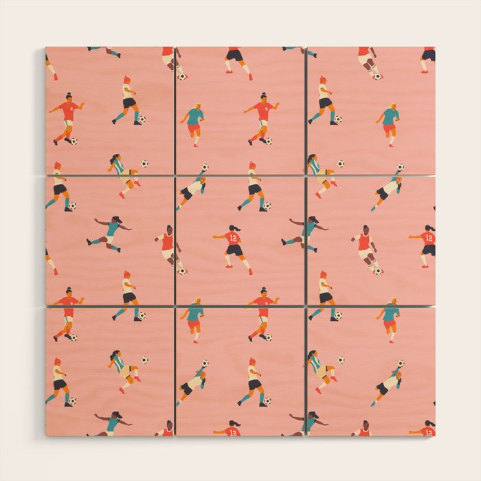 Diverse all women soccer player team drawing print Wood Wall Art Gallery Image 1