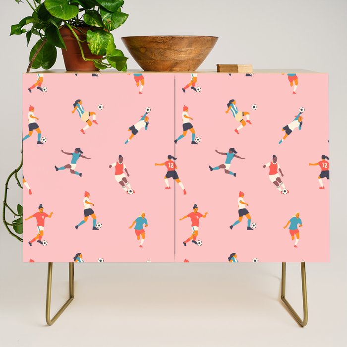 Diverse all women soccer player team drawing print Credenza Gallery Image 1