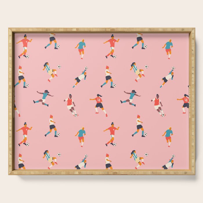 Diverse all women soccer player team drawing print Serving Tray Gallery Image 1