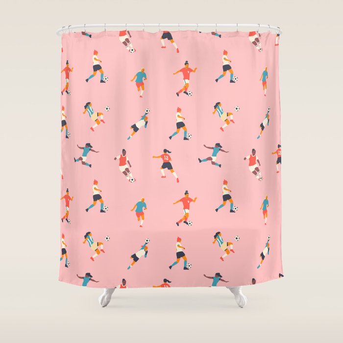 Diverse all women soccer player team drawing print Shower Curtain Gallery Image 1