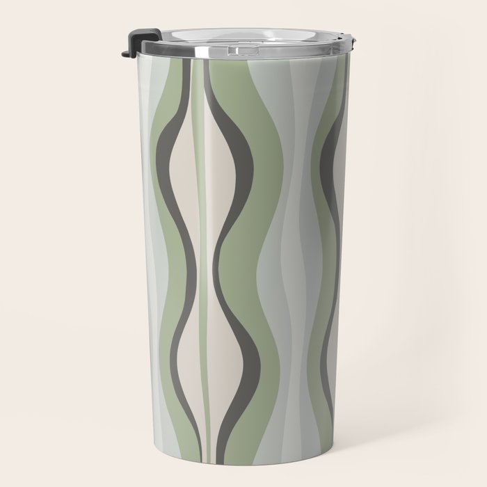 Hourglass Abstract Mid Century Modern Pattern in Sage Green, Gray, and Cream Beige Travel Mug Gallery Image 3