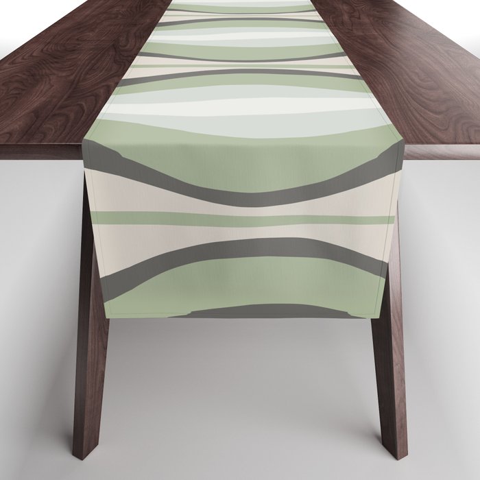 Hourglass Abstract Mid Century Modern Pattern in Sage Green, Gray, and Cream Beige Table Runner