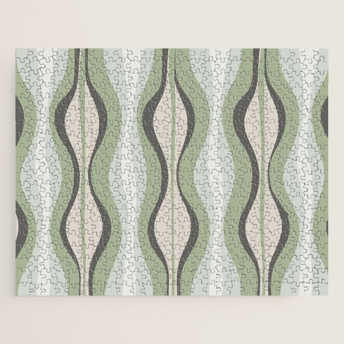 Hourglass Abstract Mid Century Modern Pattern in Sage Green, Gray, and Cream Beige Jigsaw Puzzle Gallery Image 1