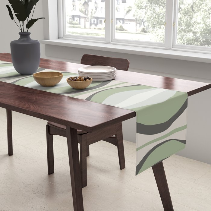 Hourglass Abstract Mid Century Modern Pattern in Sage Green, Gray, and Cream Beige Table Runner Gallery Image 2