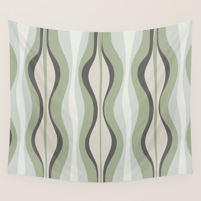 Hourglass Abstract Mid Century Modern Pattern in Sage Green, Gray, and Cream Beige Wall Tapestry Gallery Image 4