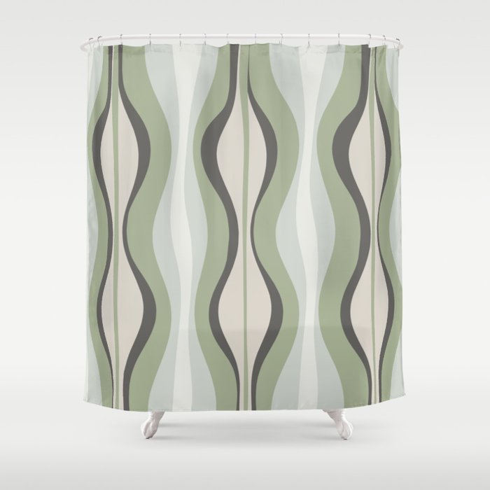 Hourglass Abstract Mid Century Modern Pattern in Sage Green, Gray, and Cream Beige Shower Curtain Gallery Image 1